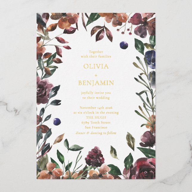 Invitation En Aluminium Boho Rustique Botanique Bourgogne Mariage frontali (Recto)