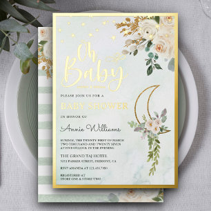 Invitation En Aluminium Boho Sage Vert ivoire Floral Lune Baby shower Or