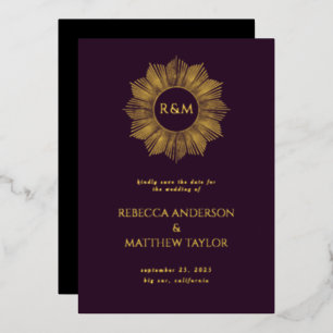 Invitation En Aluminium Boho violet Celestial Sun Monogramme Date de sauve