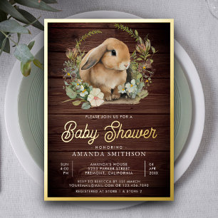 Invitation En Aluminium Bois Rustique Lapin Mignon Floral Fête de Naissanc