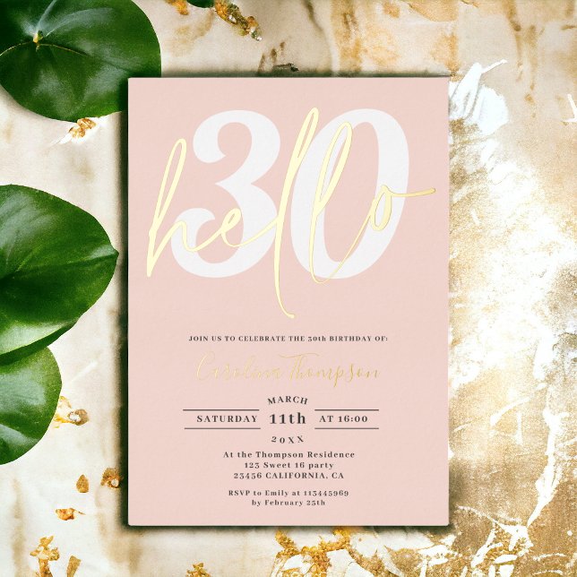 Invitation En Aluminium Bonjour moderne 30 anniversaire photo écriture or  (Modern hello 30 birthday photo pink gold script foil invitation)