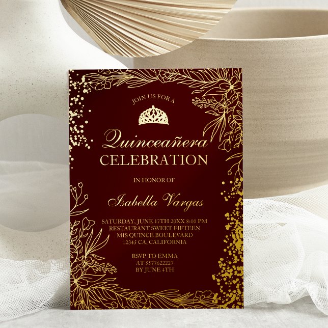 Invitation En Aluminium Bordeaux rouge or Tiara chic Quinceanera (Créateur téléchargé)