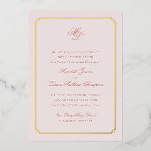 Invitation En Aluminium Bordure d'or Mariage rose et or Monogramme