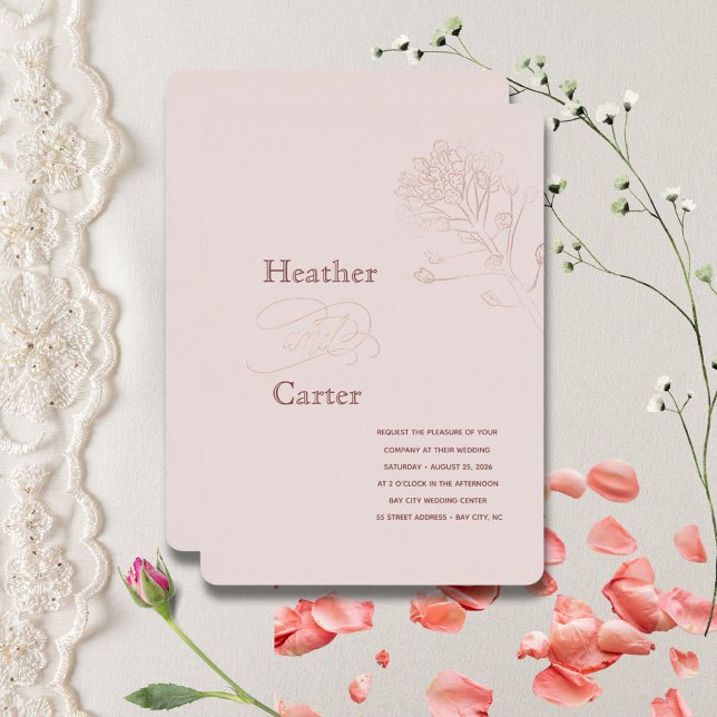 Invitation En Aluminium Botanique de Pearl rose pâle (pale blush pink foil invitation)