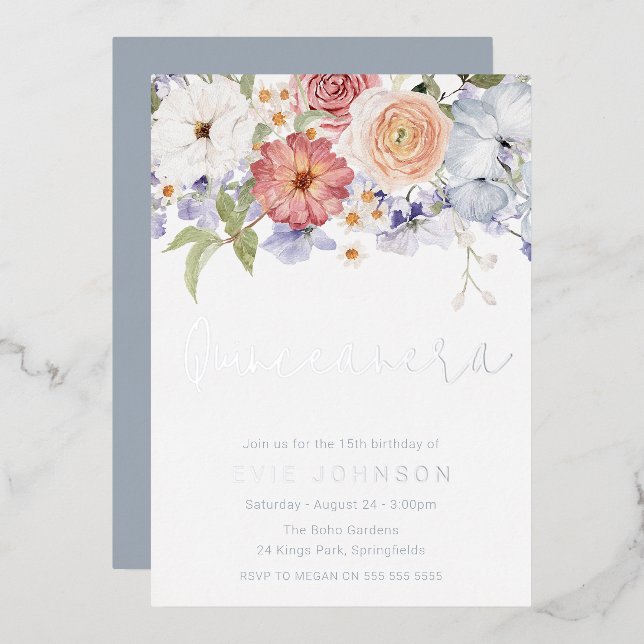 Invitation En Aluminium Botanique Dusty Blue Quinceanera Party Argent (Recto/Verso)
