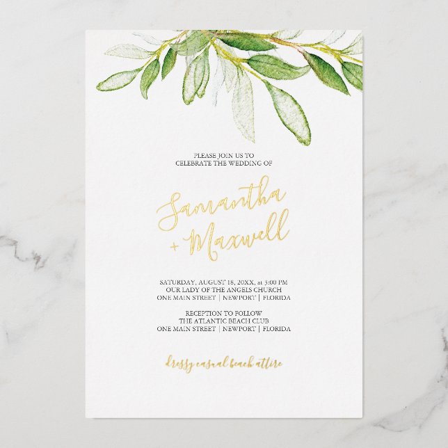 Invitation En Aluminium Botanique Feuille Watercolo Mariage Foil Invitatio (Recto)