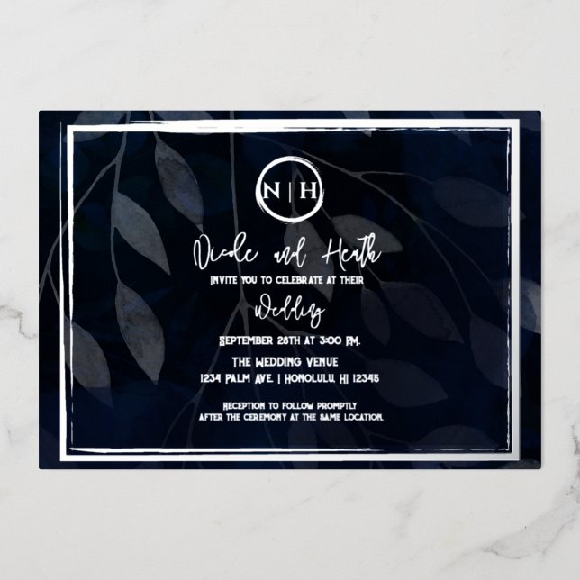 Invitation En Aluminium Botanique foncé Elégant Marine Bleu & Mariage Arge (Recto)