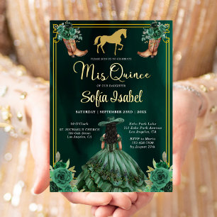 Invitation En Aluminium Bottes Florales Émeraude Vert Or Quinceanera Cheva