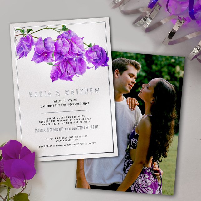 Invitation En Aluminium Bougainvillea argent violet mariage d'aquarelle (Créateur téléchargé)