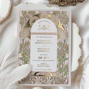 Invitation En Aluminium Bougainvillea Green Gold Mariage Art Nouveau Mucha