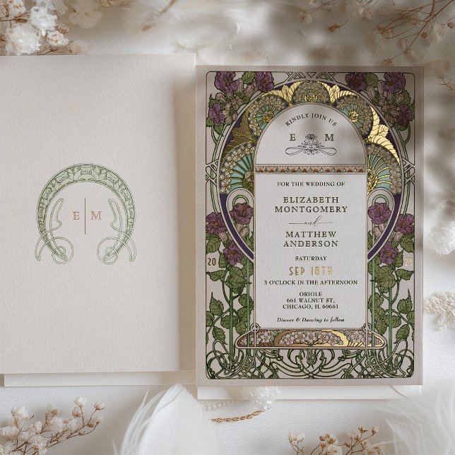 Invitation En Aluminium Bougainvillea Lilac Gold Mariage Art Nouveau Mucha (Créateur téléchargé)