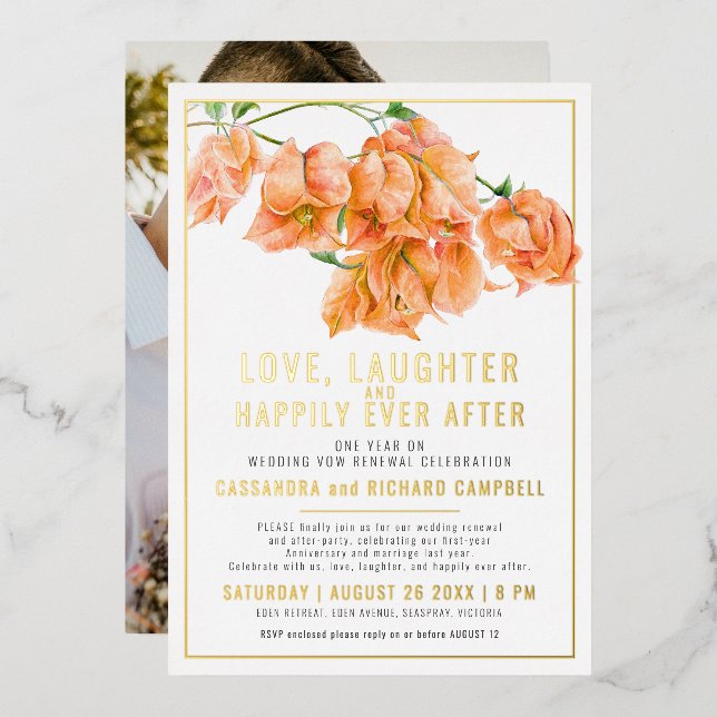 Invitation En Aluminium Bougainvilliers roses voeu mariage renouveau or or (Recto/Verso)