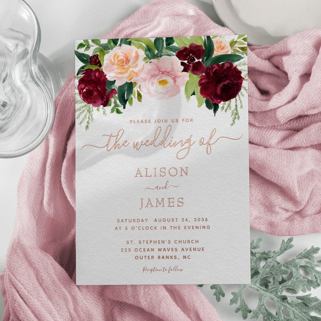 Invitation En Aluminium Bourgogne et Blush Floral Mariage Rose or (Créateur téléchargé)