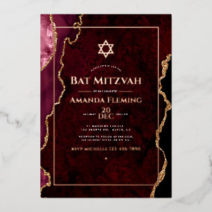 Invitation En Aluminium Bourgogne et Rose Gold Faux Agate Bat mitzvah