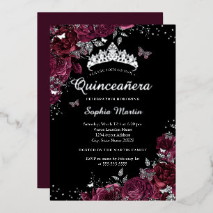 Invitation En Aluminium Bourgogne Fleurs Élégantes Quinceanera Argent