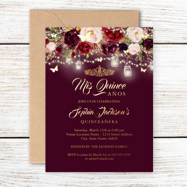 Invitation En Aluminium Bourgogne Floral Lumières Quinceanera Foil Invitat (Créateur téléchargé)