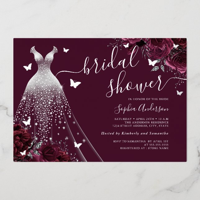 Invitation En Aluminium Bourgogne Floral Papillon Fête des mariées (Recto)