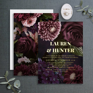 Invitation En Aluminium Bourgogne Foncé Floral Botanique Mariage Or