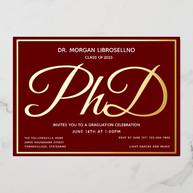 Invitation En Aluminium Bourgogne Gold PhD Graduation Foil (Recto)