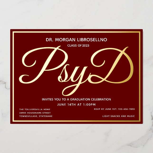 Invitation En Aluminium Bourgogne Gold PsyD Graduation (Recto)