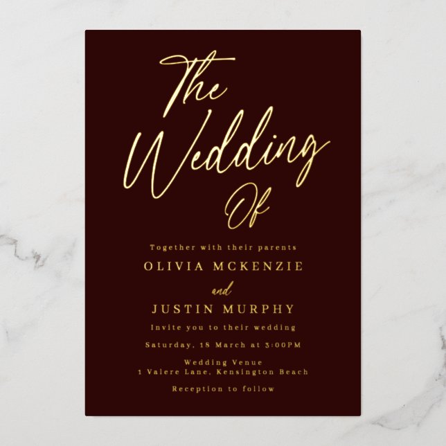 Invitation En Aluminium Bourgogne & Or Mariage moderne Golden (Recto)