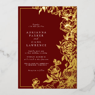 Invitation En Aluminium Bourgogne Rouge et Or Floral Mariage Élégant