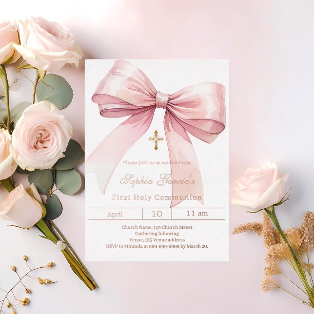 Invitation En Aluminium Bow rose fille roe or Première communion (Créateur téléchargé)