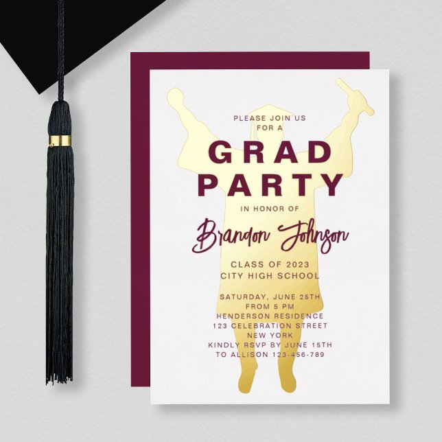 Invitation En Aluminium Boy Modern Bourgogne Gold Graduation Party (Créateur téléchargé)