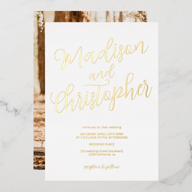 Invitation En Aluminium Bracelet photo moderne chic noms mariage blanc (Recto/Verso)