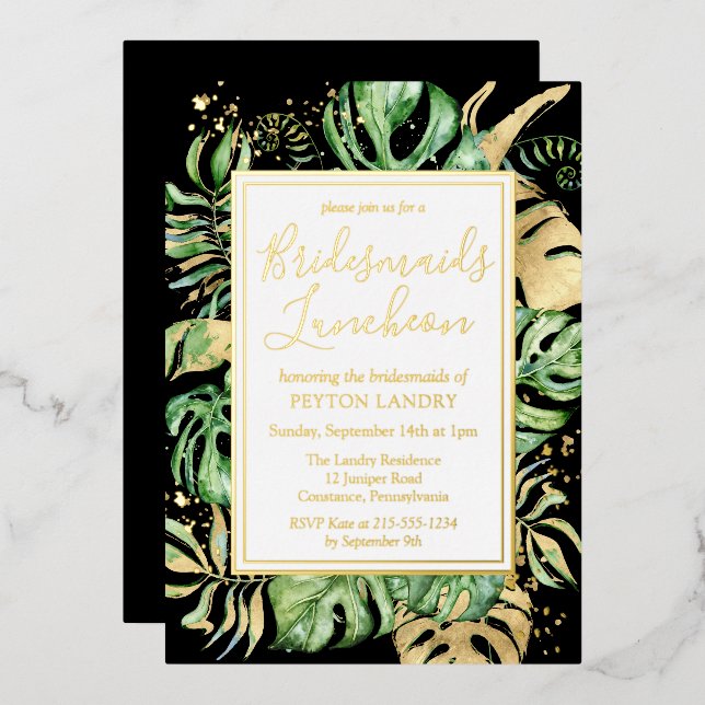 Invitation En Aluminium Bridesmaitres Tropical Moderne Déjeuner noir & or (Recto/Verso)