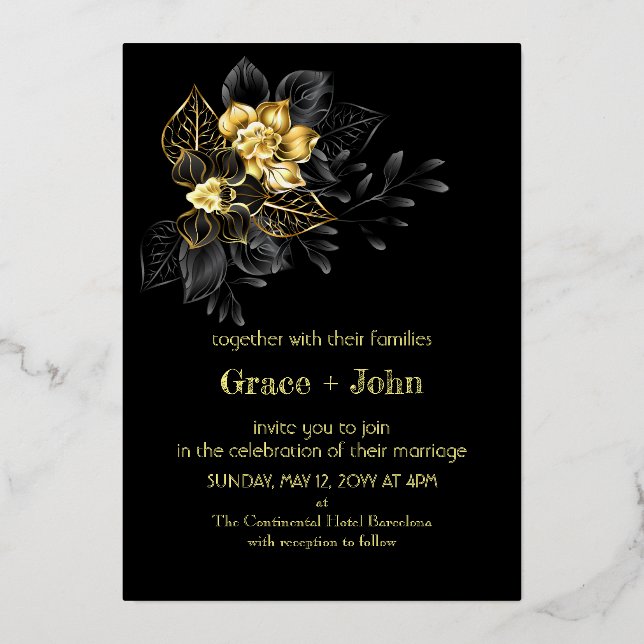 Invitation En Aluminium Broderie classique en noir et or (Recto)