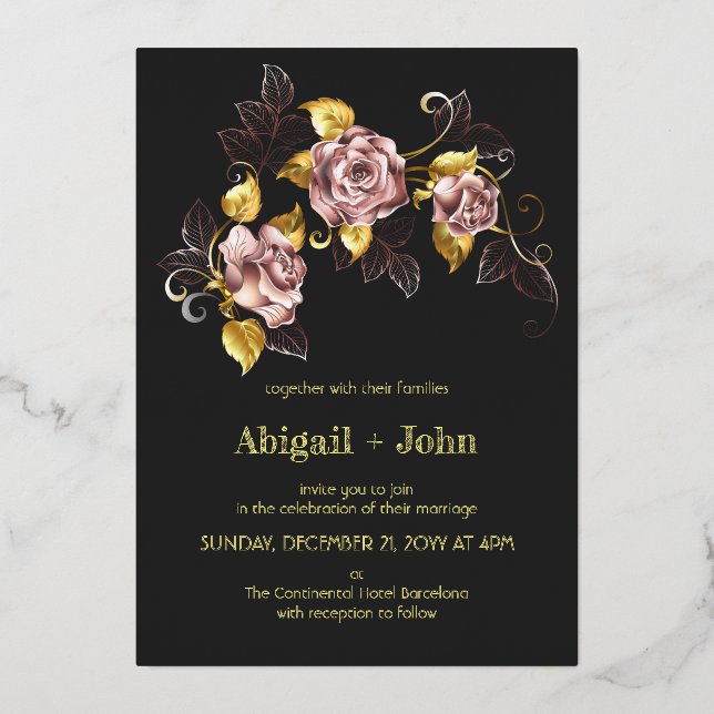 Invitation En Aluminium Broderie florale noire et or (Recto)
