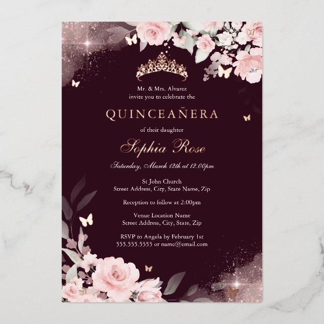 Invitation En Aluminium Brousse rose Bourgogne Rose papillon Quinceanera (Recto)