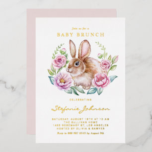 Invitation En Aluminium Brunch Bébé Lapin Aquarelle et Fleurs Roses
