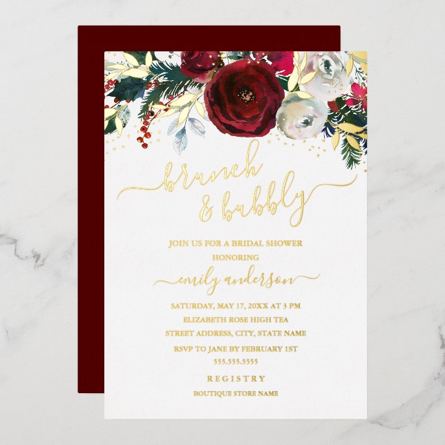 Invitation En Aluminium Brunch Floral Rouge Noel Et Bubbly (Recto/Verso)