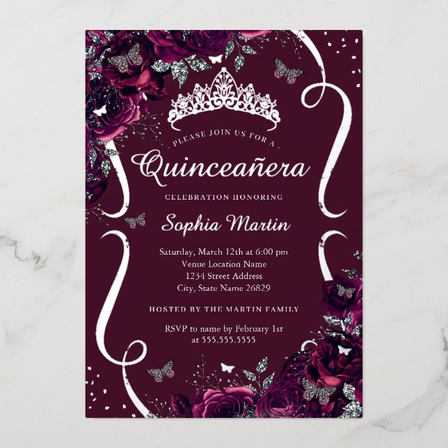 Invitation En Aluminium Burgundy Argent Rose papillon Quinceanera (Recto)
