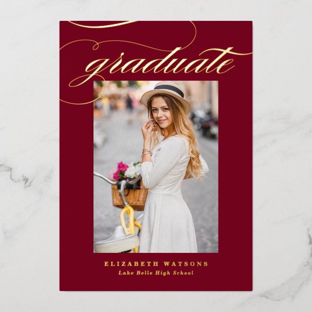 Invitation En Aluminium Burgundy Élégante Calligraphie Photo Graduation Or (Recto)