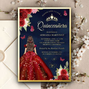 Invitation En Aluminium Burgundy Floral Butterfly Marine Quinceanera Gold