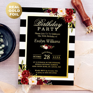 Invitation En Aluminium Burgundy Floral Noir Blancs Fête Anniversaire