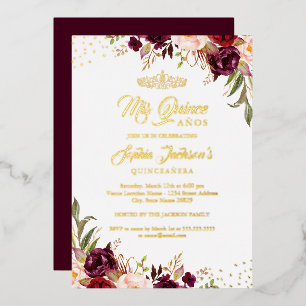Invitation En Aluminium Burgundy Floral Rouge Or Quinceanera