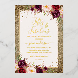 Invitation En Aluminium Burgundy Gold Floral 50 & Fabulous Anniversaire 
