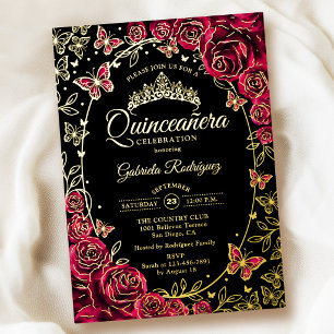 Invitation En Aluminium Burgundy Or Noir Papillons Roses Quinceanera