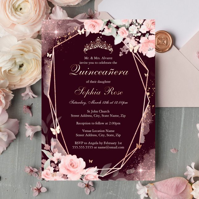 Invitation En Aluminium Burgundy Papillon rose Floral Quinceanera (Créateur téléchargé)