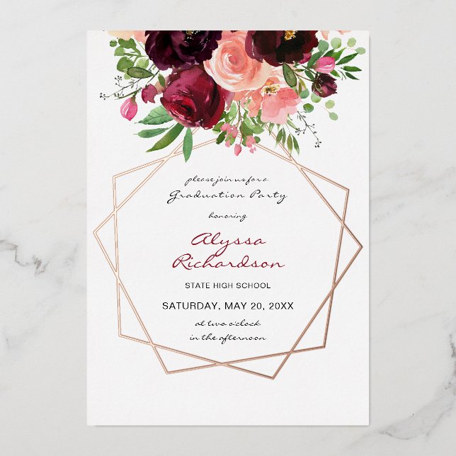 Invitation En Aluminium Burgundy & Pink Floral & Frame Graduation Party (Recto)