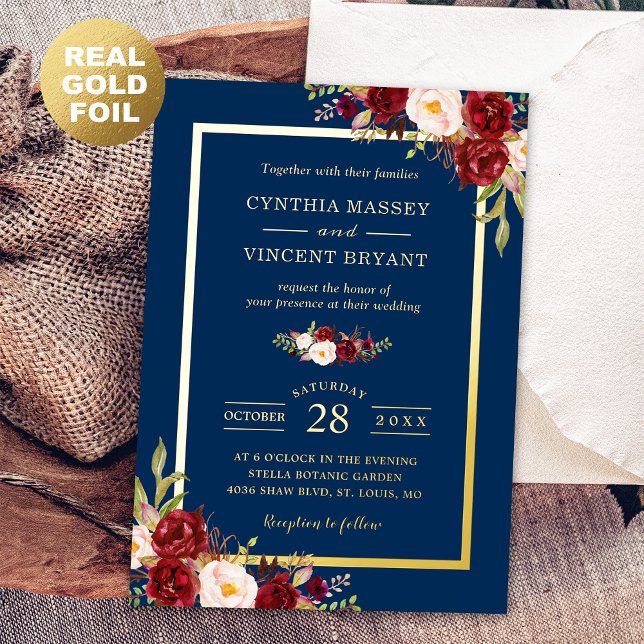 Invitation En Aluminium Burgundy Red Floral Navy Blue Gold Frame Mariage (Créateur téléchargé)