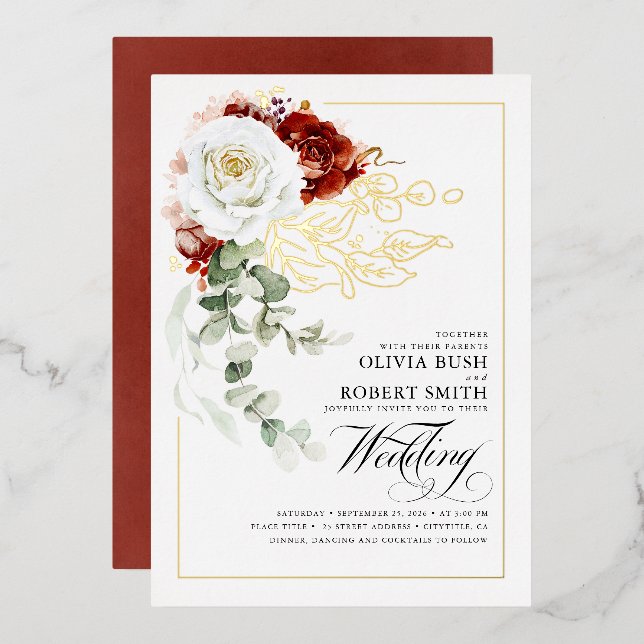 Invitation En Aluminium Burgundy Rouge & Blanc Floral Boho Elégant Mariage (Recto/Verso)