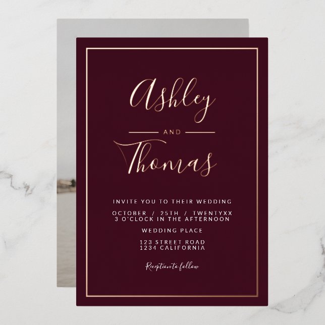 Invitation En Aluminium Burgundy script photo mariage cadre géométrique (Recto/Verso)