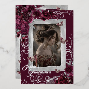 Invitation En Aluminium Burgundy Silver Quinceanera Photo Rose Papillon