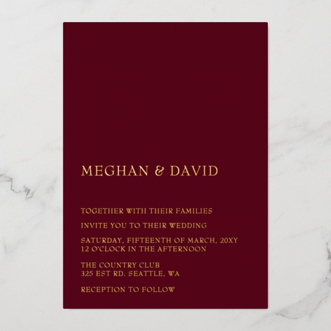 Invitation En Aluminium Burgundy Simple Élégant Mariage moderne (Recto)