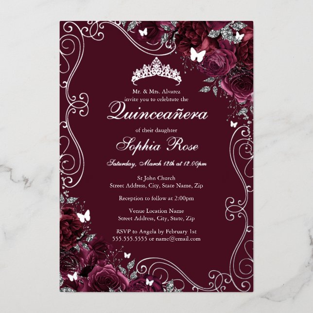 Invitation En Aluminium Butterfly florale Burgundy Quinceanera (Recto)